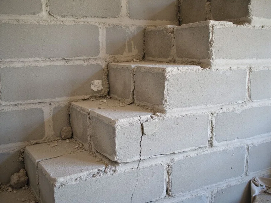 Stair-step crack running diagonally through the mortar joints of a concrete block basement wall