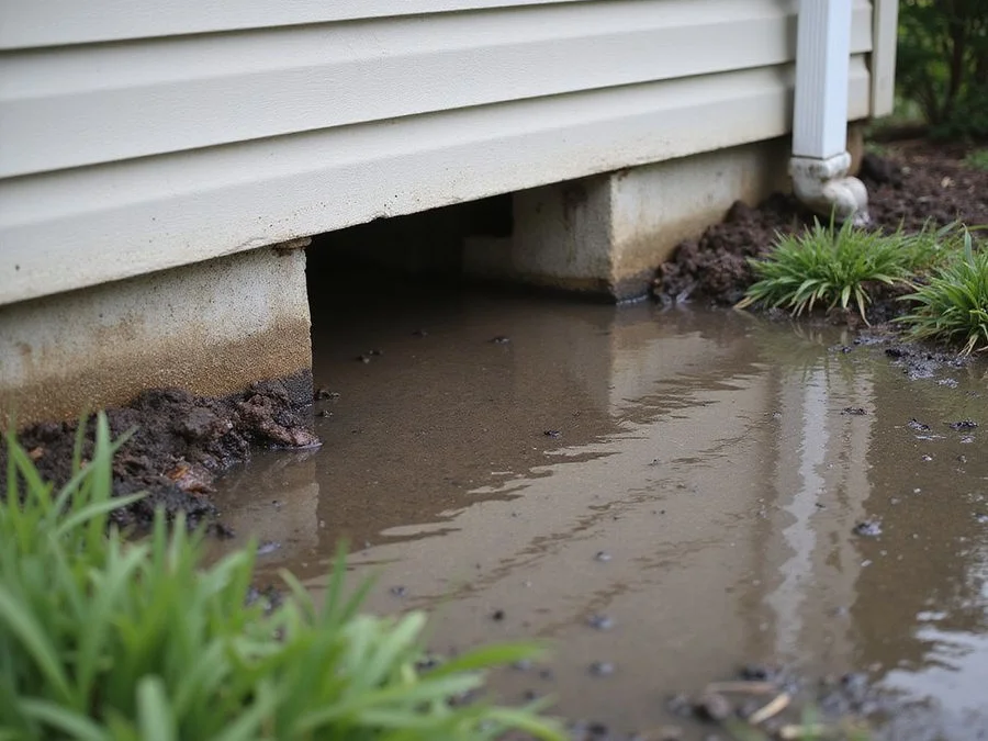 Standing water pooling against a foundation wall after heavy rain with a downspout discharging nearby