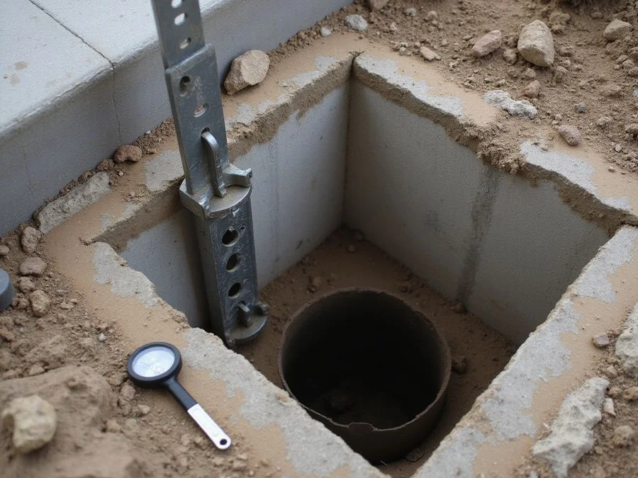Steel bracket assembly bolted under a concrete footing with the pier shaft visible below
