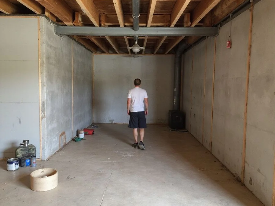 Steel I-beam brace fitted against a bowing basement wall and anchored to the slab and framing