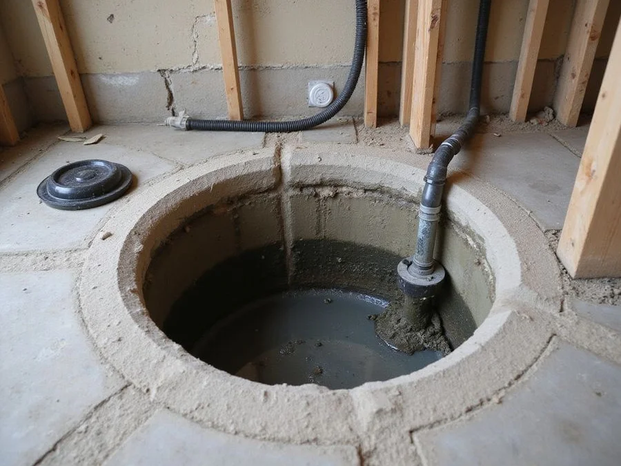 Sump basin set into a basement floor with the pump installed and discharge pipe routed away