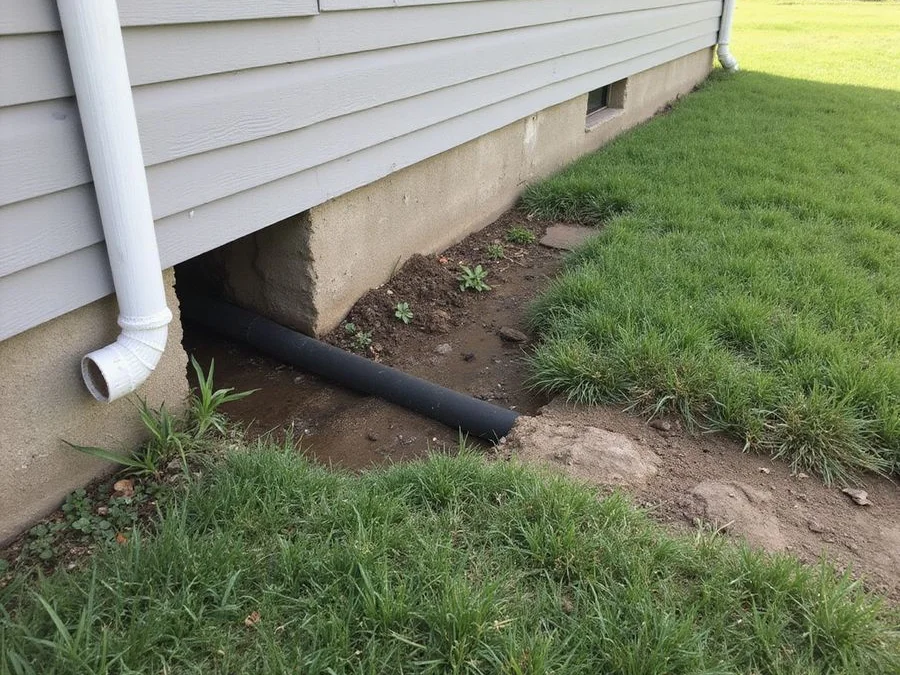 Sump discharge line exiting a house wall and running to a daylight outlet away from the foundation