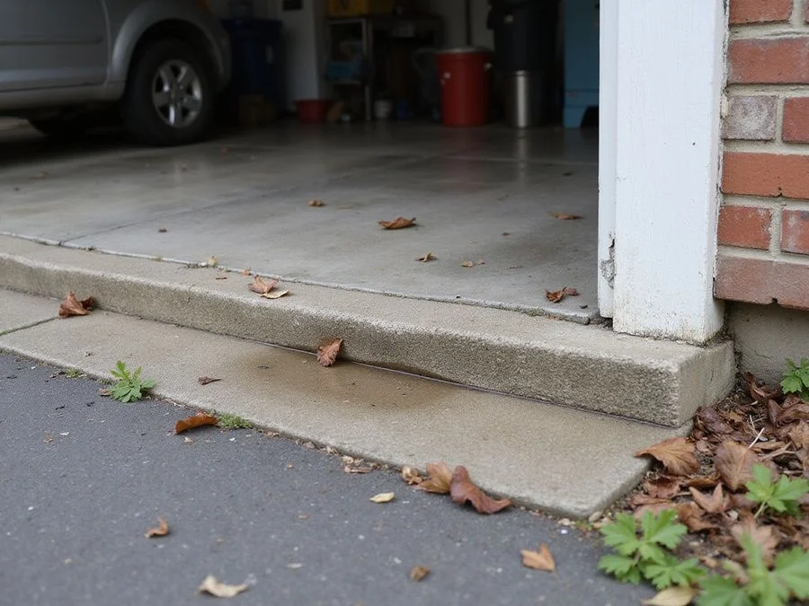 Sunken driveway panel beside a garage apron with a visible step at the joint and pooling water