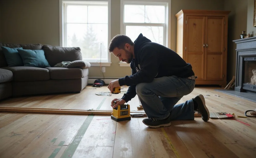 Technician recording floor elevation differentials with a laser manometer in an older Seattle home