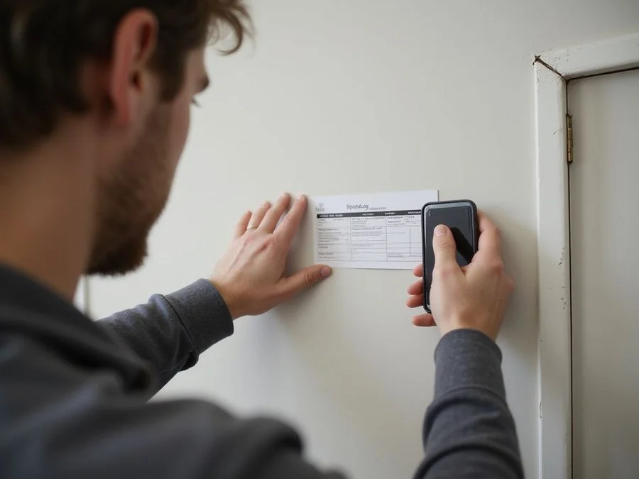 Technician photographing a diagonal crack above a door frame with a scale reference card