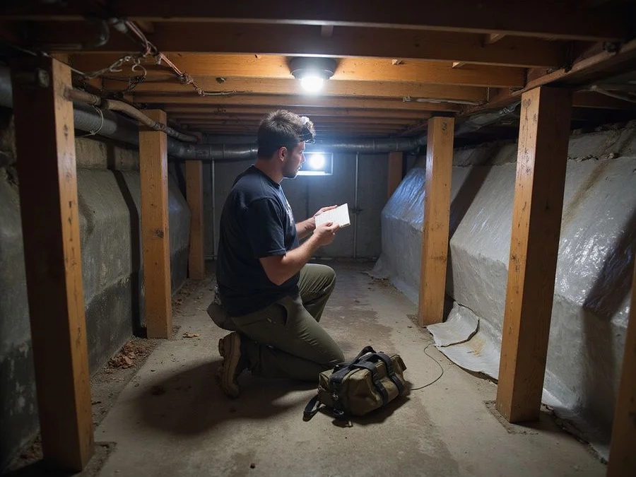Technician inspecting girders, posts, and joists in a low Seattle crawl space