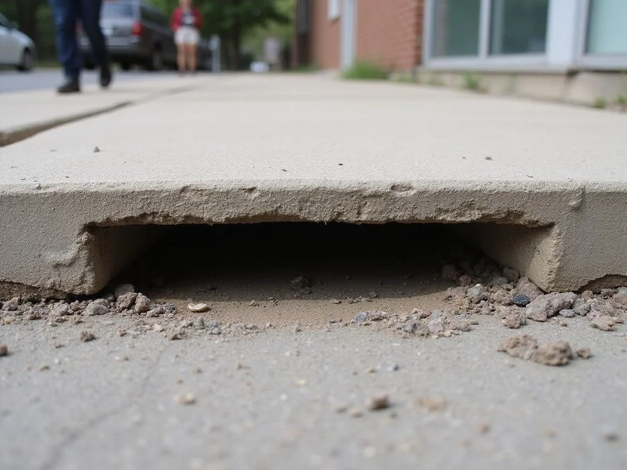 Washed-out void exposed beneath a settled walkway slab showing the gap above the soil