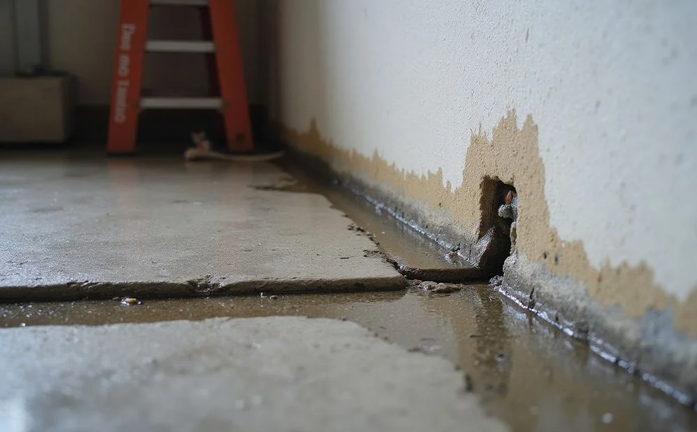 Water seeping along the cold joint where a basement wall meets the floor slab during heavy rain