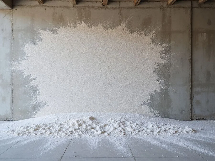 Efflorescence powder and damp staining spreading across a concrete basement wall