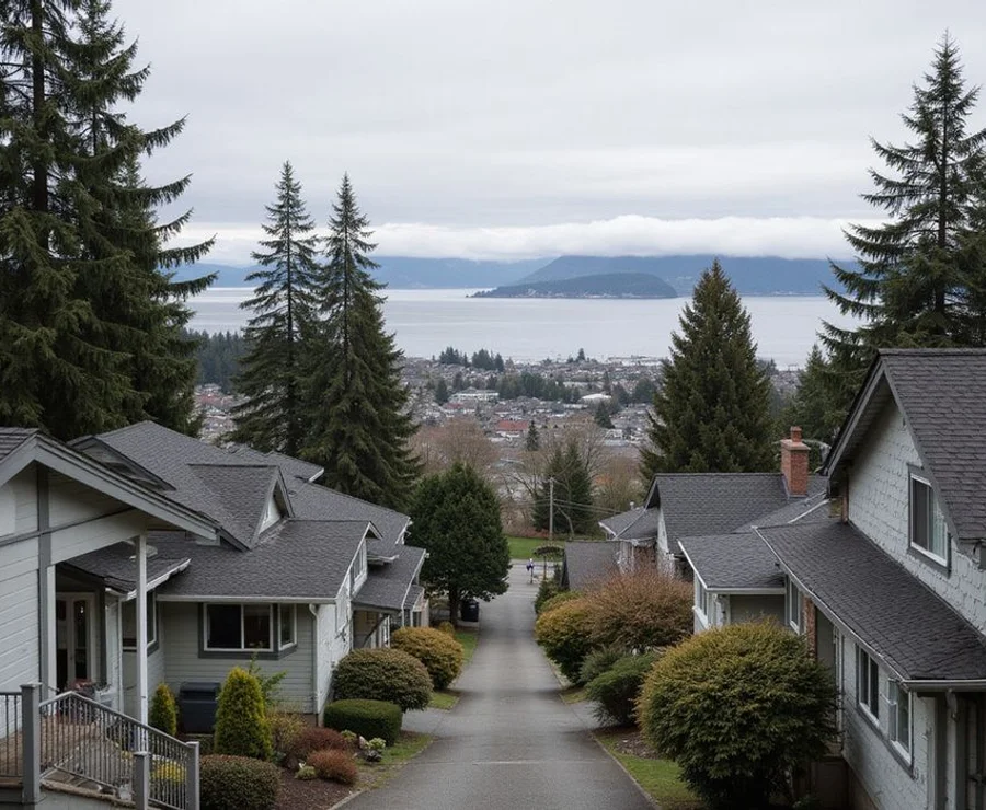Wide view of Puget Sound residential neighbourhoods with Craftsman homes and evergreens
