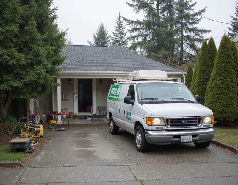 Work van and tools staged on a residential driveway beside an older Seattle house